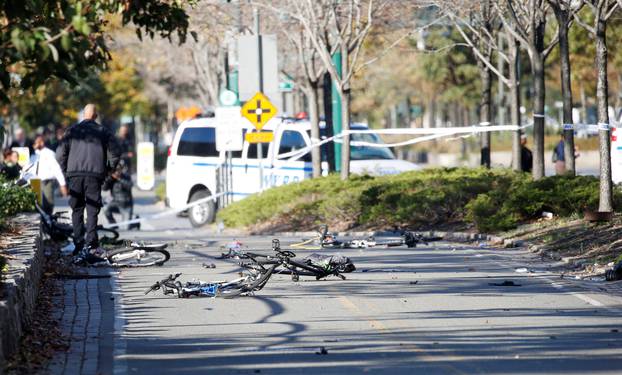 Multiple bikes are crushed along a bike path in lower Manhattan in New York