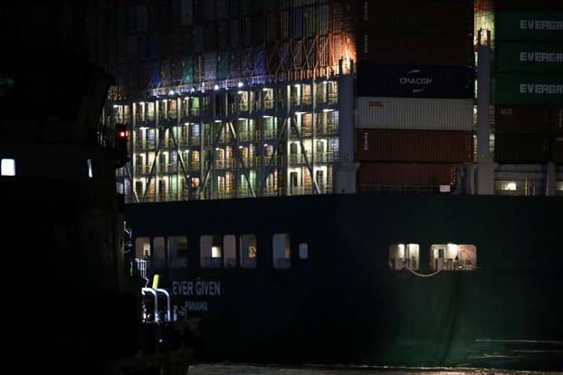 A view shows the stranded container ship Ever Given, one of the world