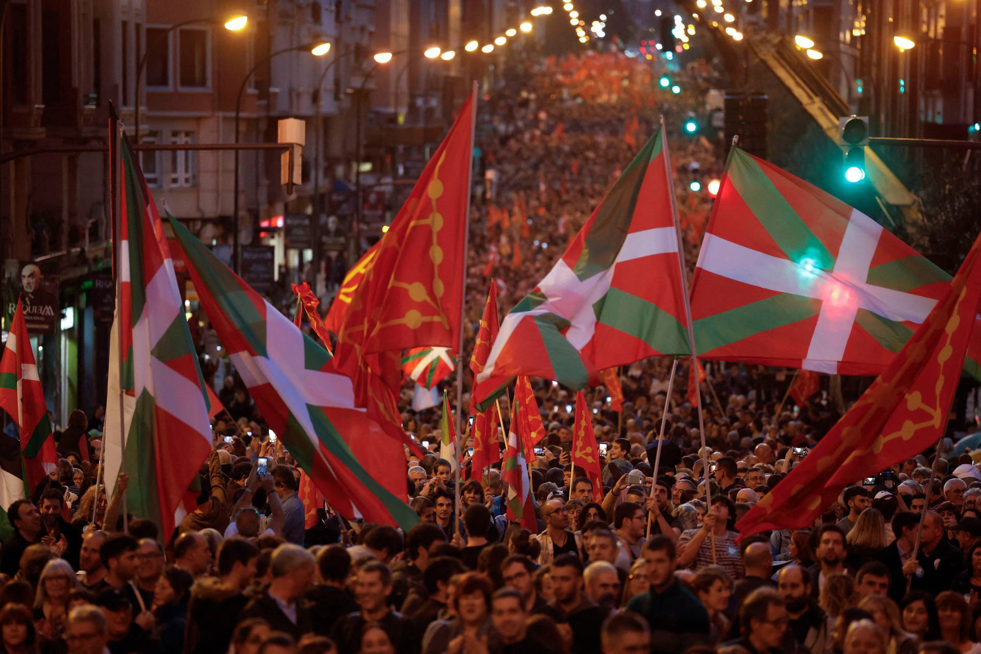 People march behind the slogan "Nazioa gara", 'We are a nation', during a demonstration called by the Basque pro-independence coalition EH Bildu, in Bilbao