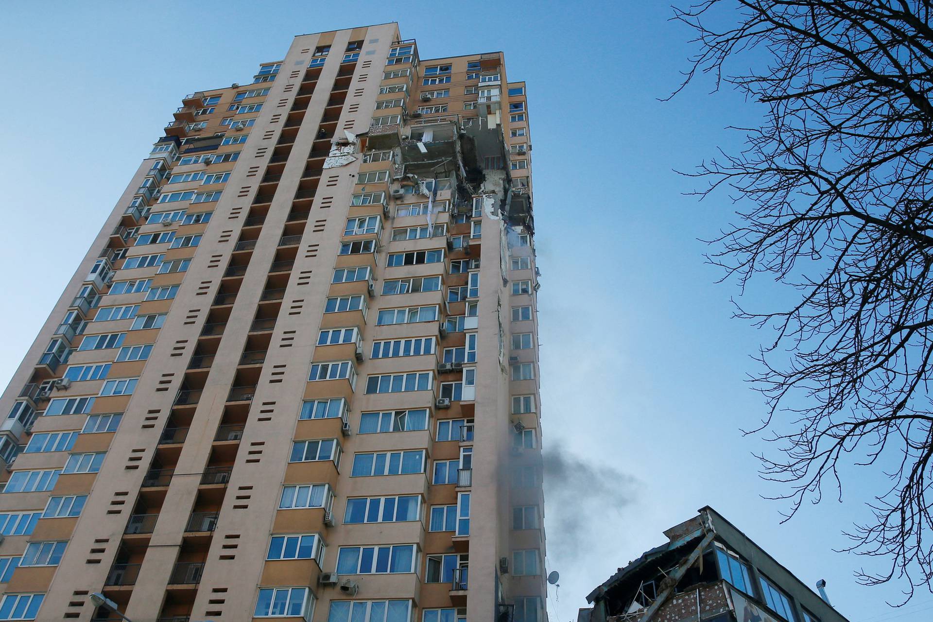 A view shows an apartment building damaged by recent shelling in Kyiv
