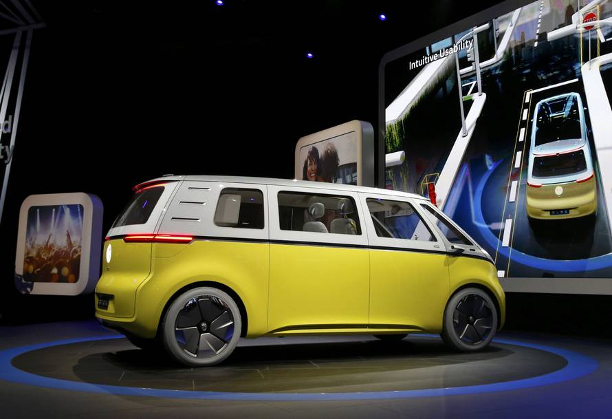 Volkswagen's electric I.D. Buzz concept vehicle is displayed during the North American International Auto Show in Detroit