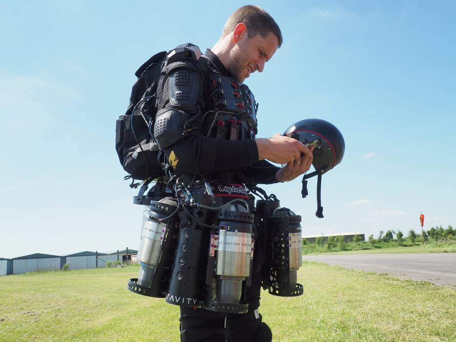 Inventor Richard Browning of technology startup Gravity wears his ÃDaedalusÃ jet suit after flight tests at Henstridge airfield in Somerset