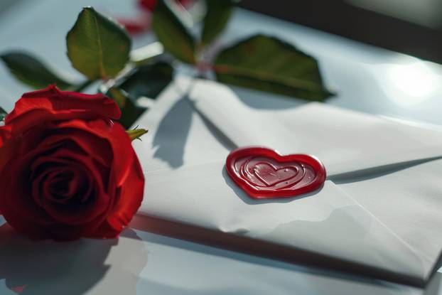 Envelope with Heart Seal and Fresh Red Rose. AI generative