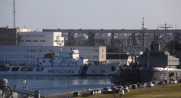 An Argentine Coast Guard ship is seen at at the naval base where the missing at sea ARA San Juan submarine sailed from, in Mar del Plata