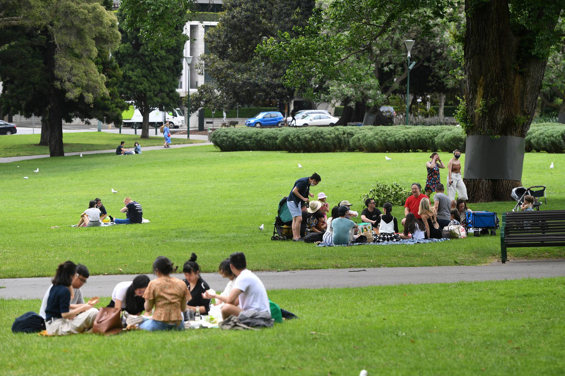 People are seen at a park after the state of Victoria saw COVID-19 case numbers drop in Melbourne