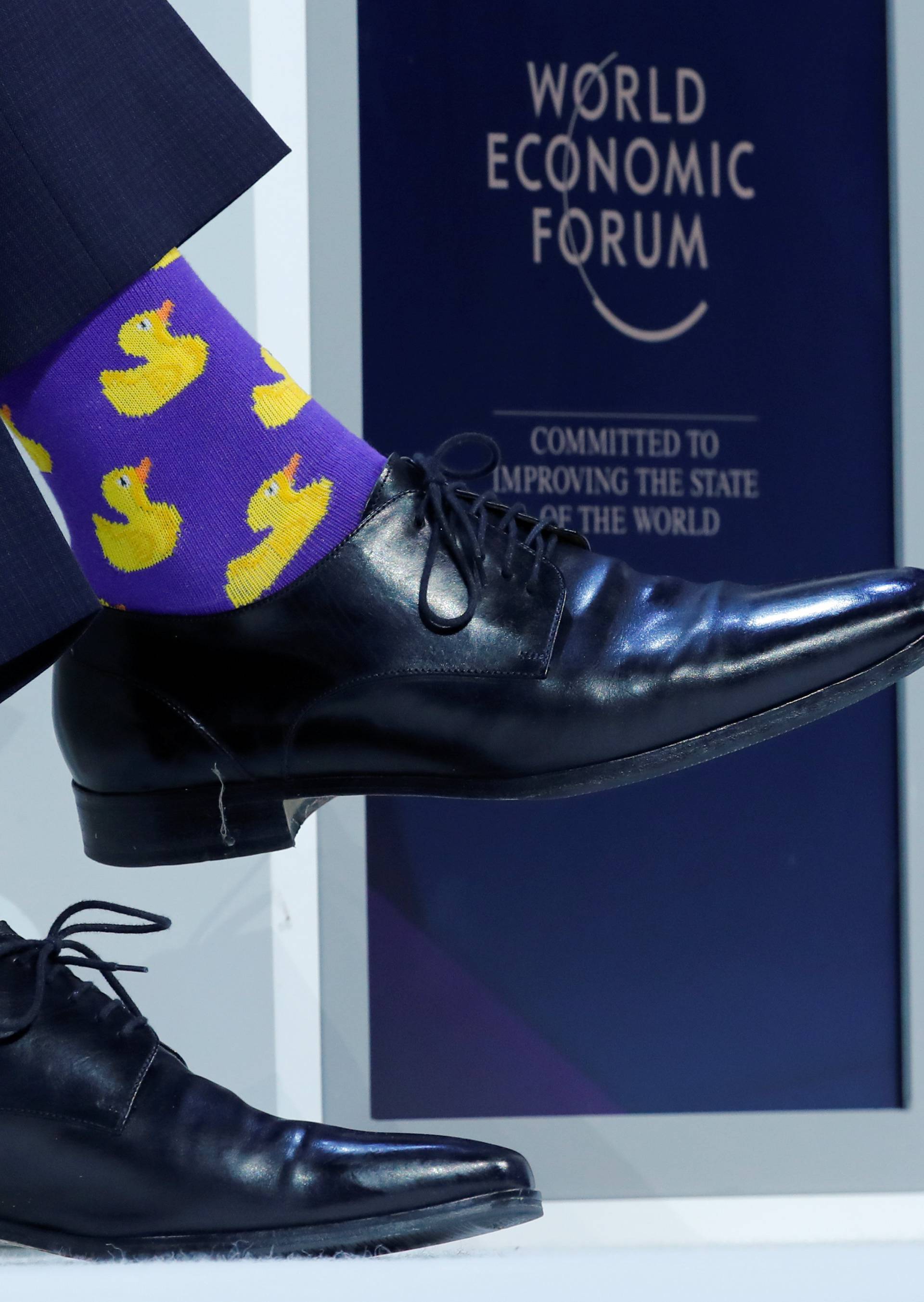 Canadian Prime Minister's Justin Trudeau's socks are seen as he attends the World Economic Forum (WEF) annual meeting in Davos