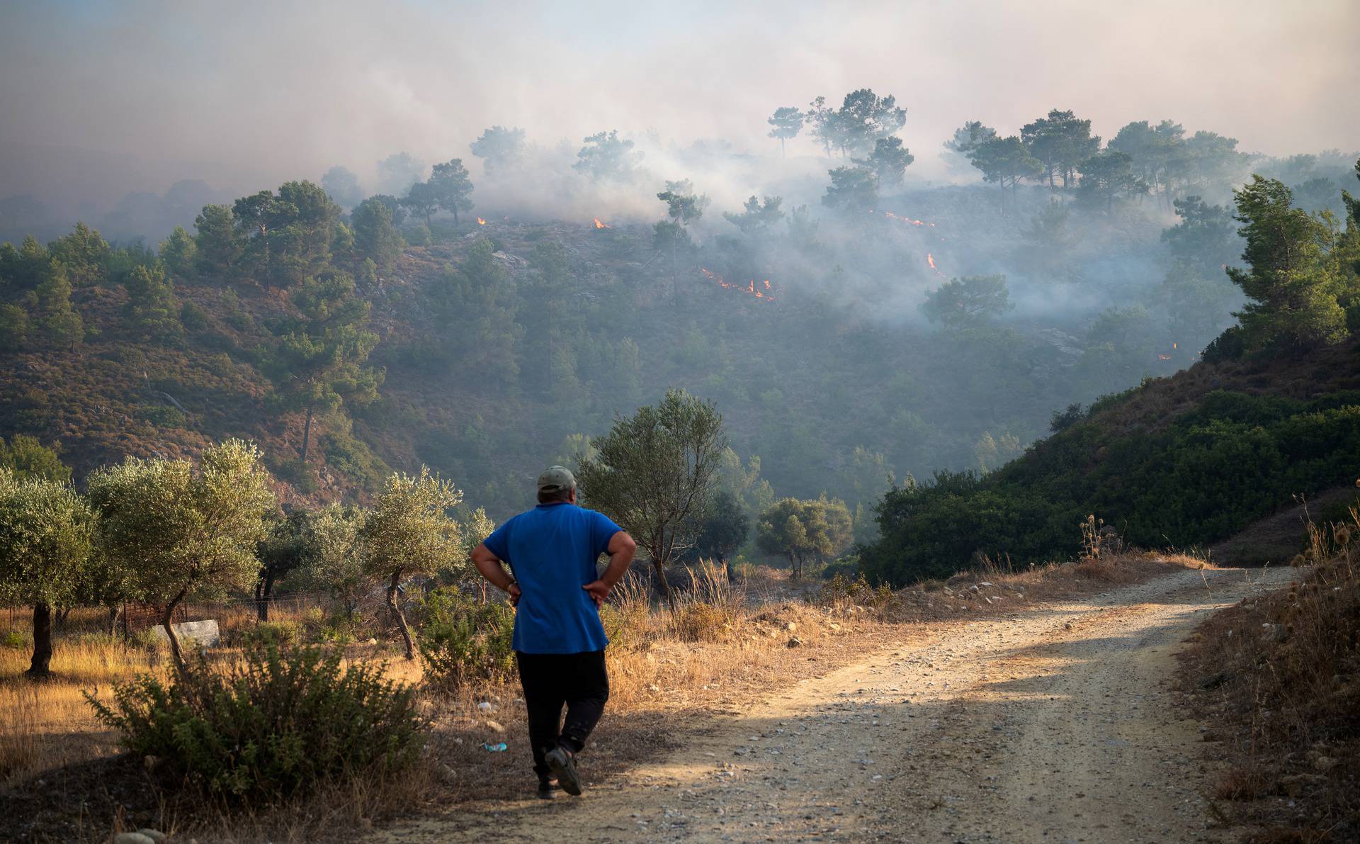 Man walks on a road, as wildfire burns near Lardos