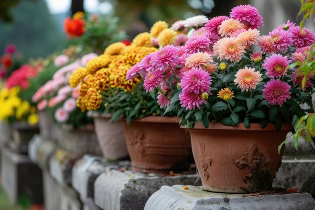 Chrysanthemums in pots. Bouquets for graves.