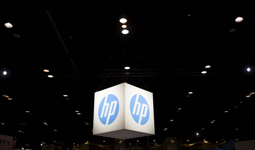 The Hewlett-Packard (HP) logo is seen as part of a display at the Microsoft Ignite technology conference in Chicago
