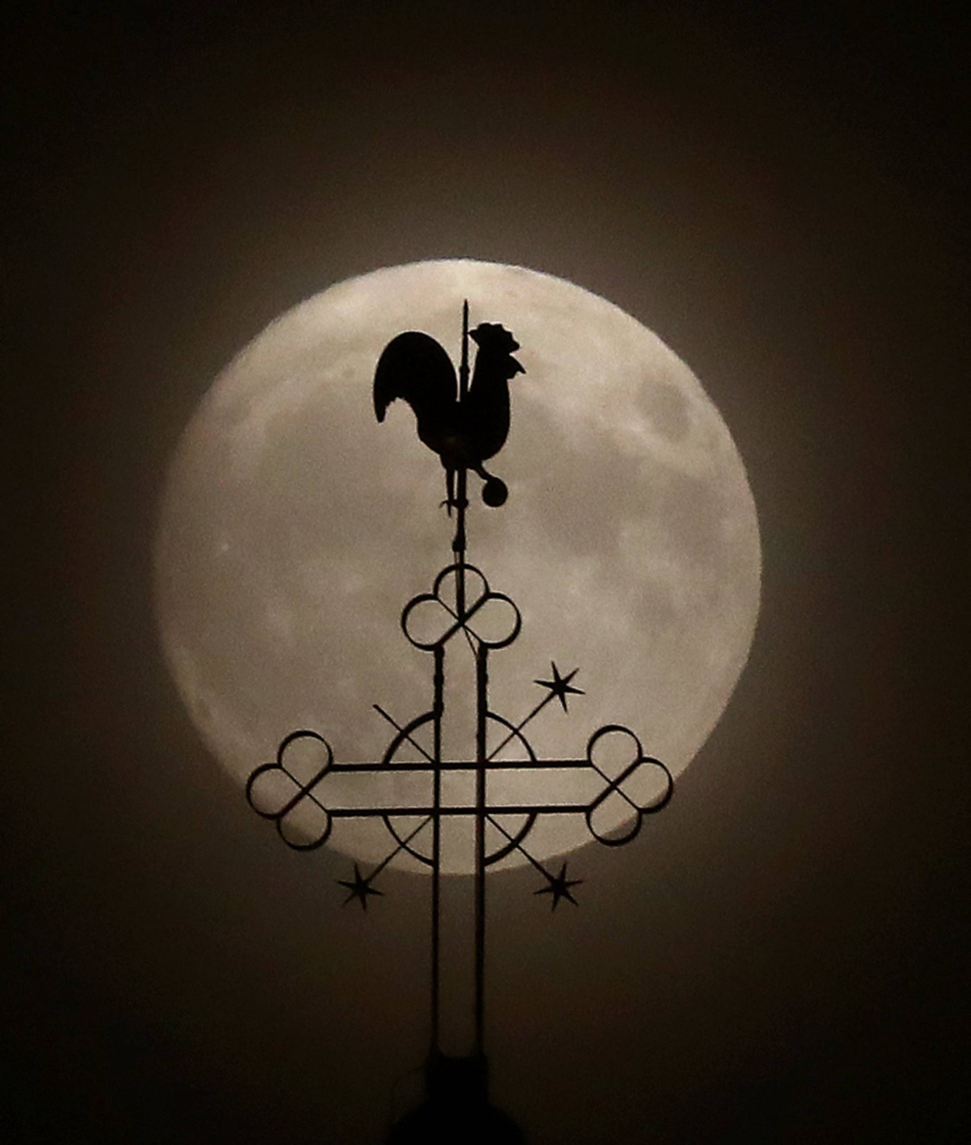 The weathercock of the church of St.Peter and Paul is seen in front of a moon on the eve of the "supermoon" spectacle in the village of Klein-Auheim near Hanau