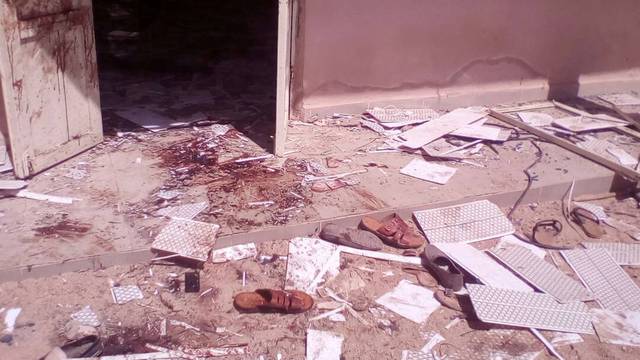 Blood stains are pictured at the site of a suicide bomber attack in Mubi in Adamawa state