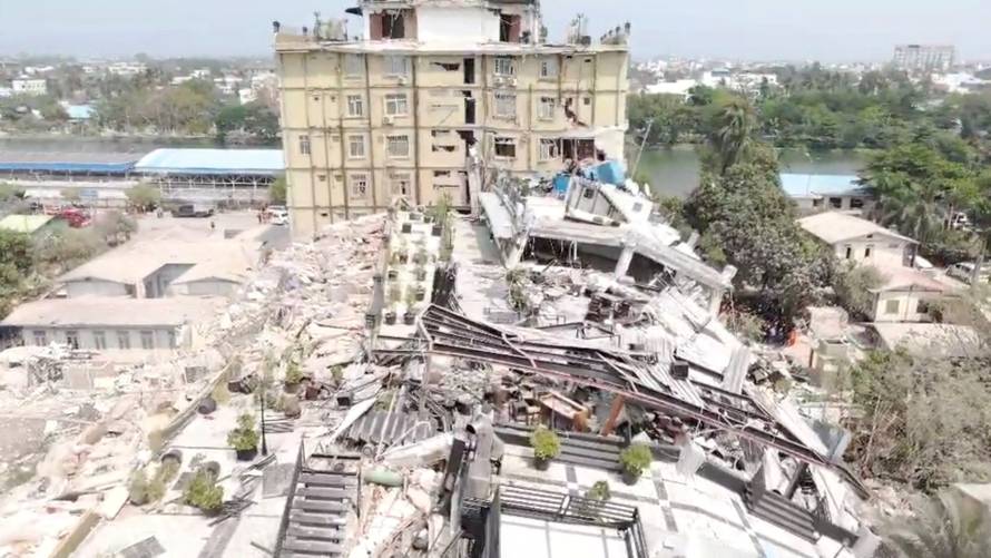 Aerial video from Myanmar shows flattened building after earthquake