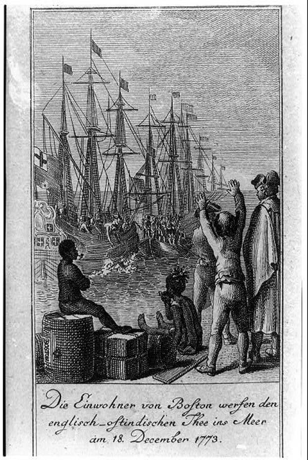 This historic image depicts the Boston Tea Party on December 18, 1773, when Boston colonists, disguised as Native Americans, threw British East India Company tea into the harbor in protest of the Tea Act, a pivotal event leading to the American Revolution