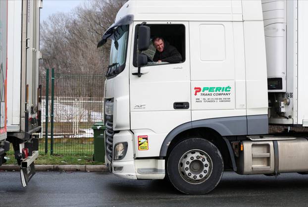 Truck drivers and transport union representatives protest at the Serbia-Croatia border crossings