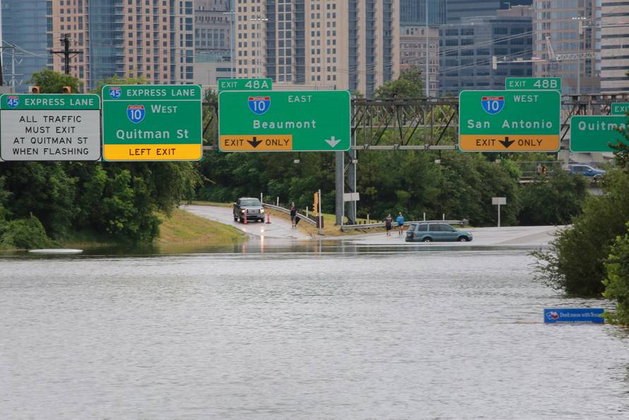 Submerged freeways from the effects of Hurricane Harvey are seen during widespread flooding in Houston