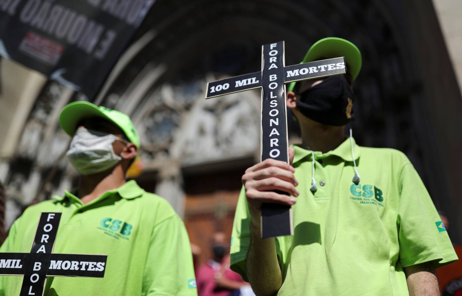 Tribute to the 100 thousand mortal victims of the coronavirus disease (COVID-19) and a protest against Brazil's President Jair Bolsonaro, in Sao Paulo