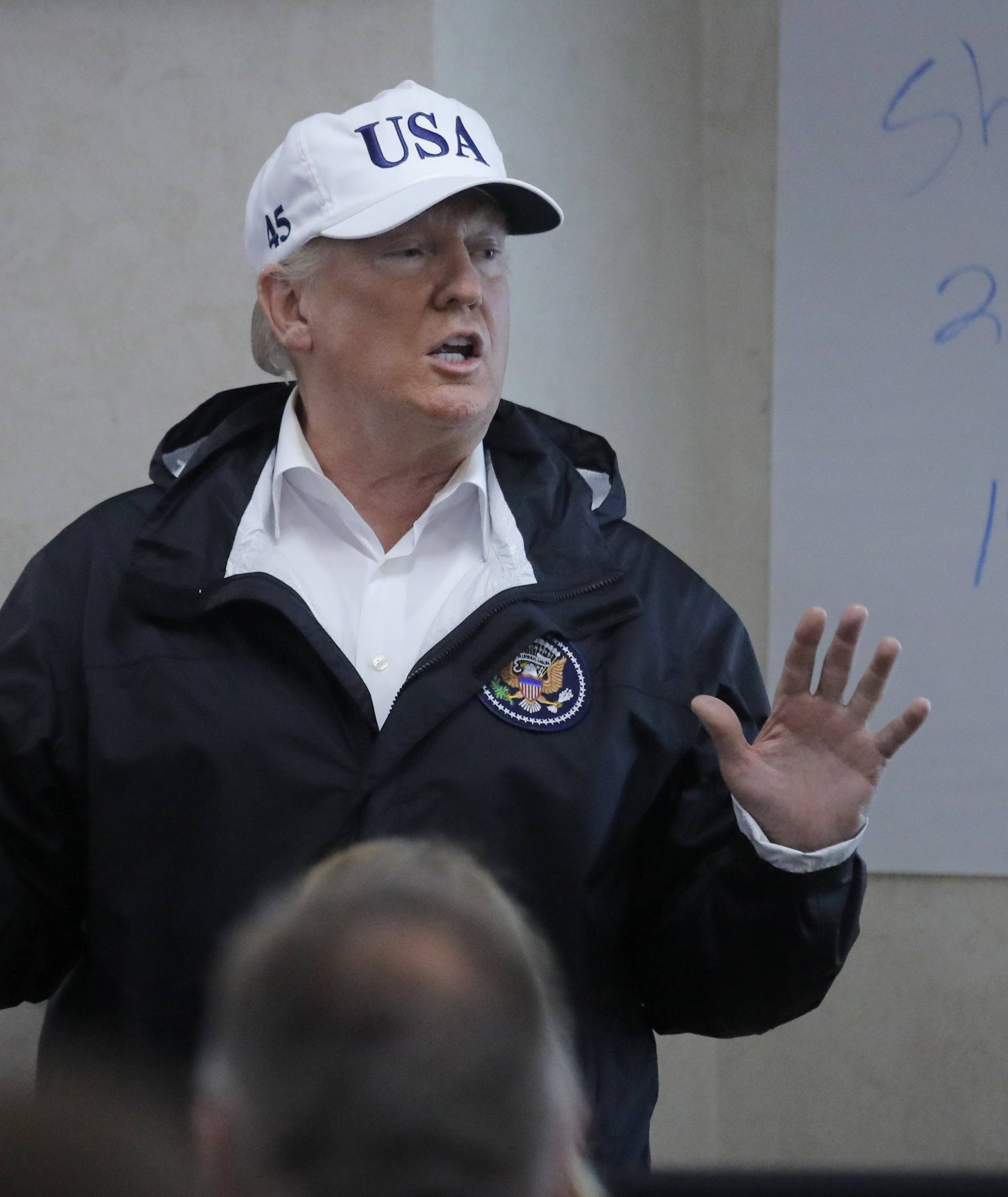 U.S. President Trump speaks during a tour of  the Texas Department of Public Safety Emergency Operations Center in Austin, Texas