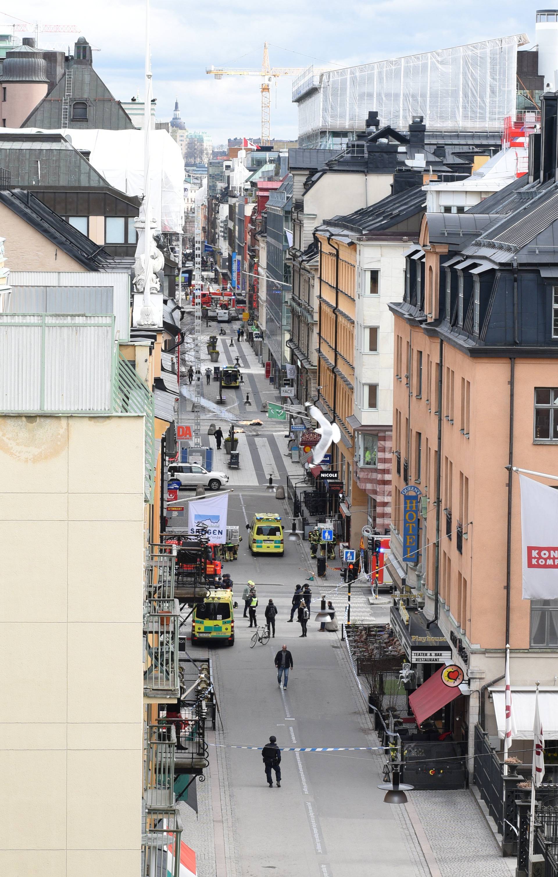 A view of the street near the site were a truck was driving into a crowd in central Stockholm