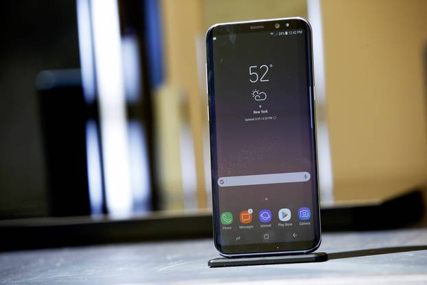 A Samsung Galaxy S8+ smartphone is pictured at the introduction of the Galaxy S8 and S8+ smartphones during the Samsung Unpacked event in New York City