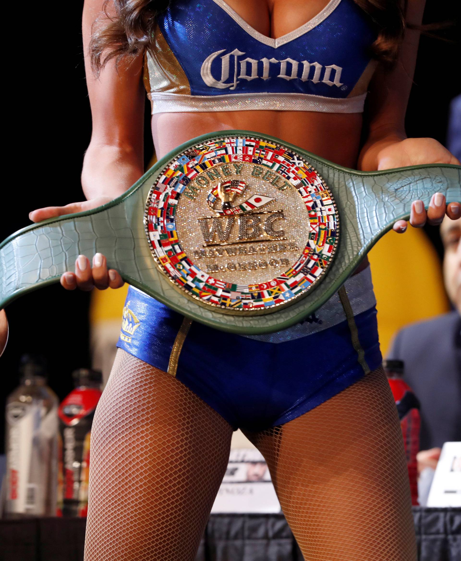 The WBC "Money Belt" is displayed during a news conference with undefeated boxer Floyd Mayweather Jr. of the U.S. and UFC lightweight champion Conor McGregor of Ireland in Las Vegas
