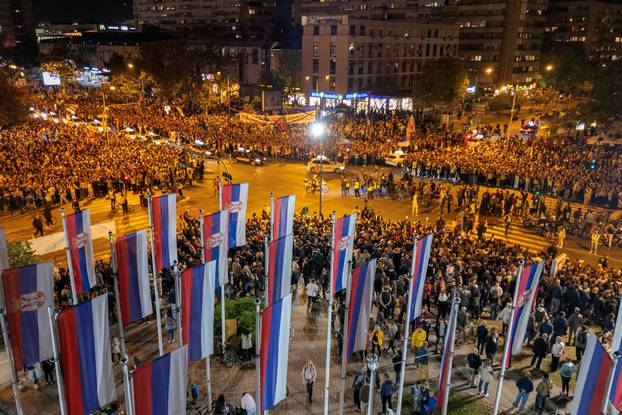Demonstrators protest to mark the first anniversary of the fatal November 2024 Novi Sad railway station canopy collapse, in Novi Sad