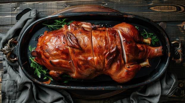 Whole barbecued suckling pig on a platter, viewed from above, with a crispy, glazed finish. Ideal for culinary and festive food photography. -