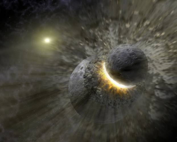 This artist concept illustrates how a massive collision of objects, perhaps as large as the planet Pluto, smashed together to create the dust ring around the nearby star Vega. New observations from NASA