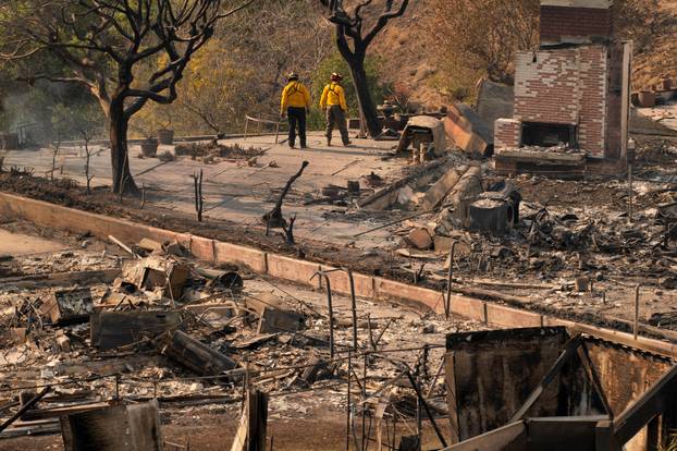 The remains of homes following the Palisades Fire in the Pacific Palisades neighborhood in Los Angeles
