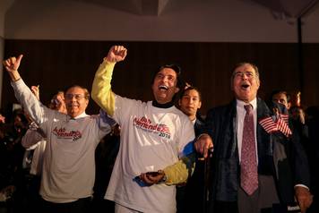 Supporters of Democratic U.S. Senator Bob Menendez, react at his victory during a midterm election night party in Hoboken, New Jersey
