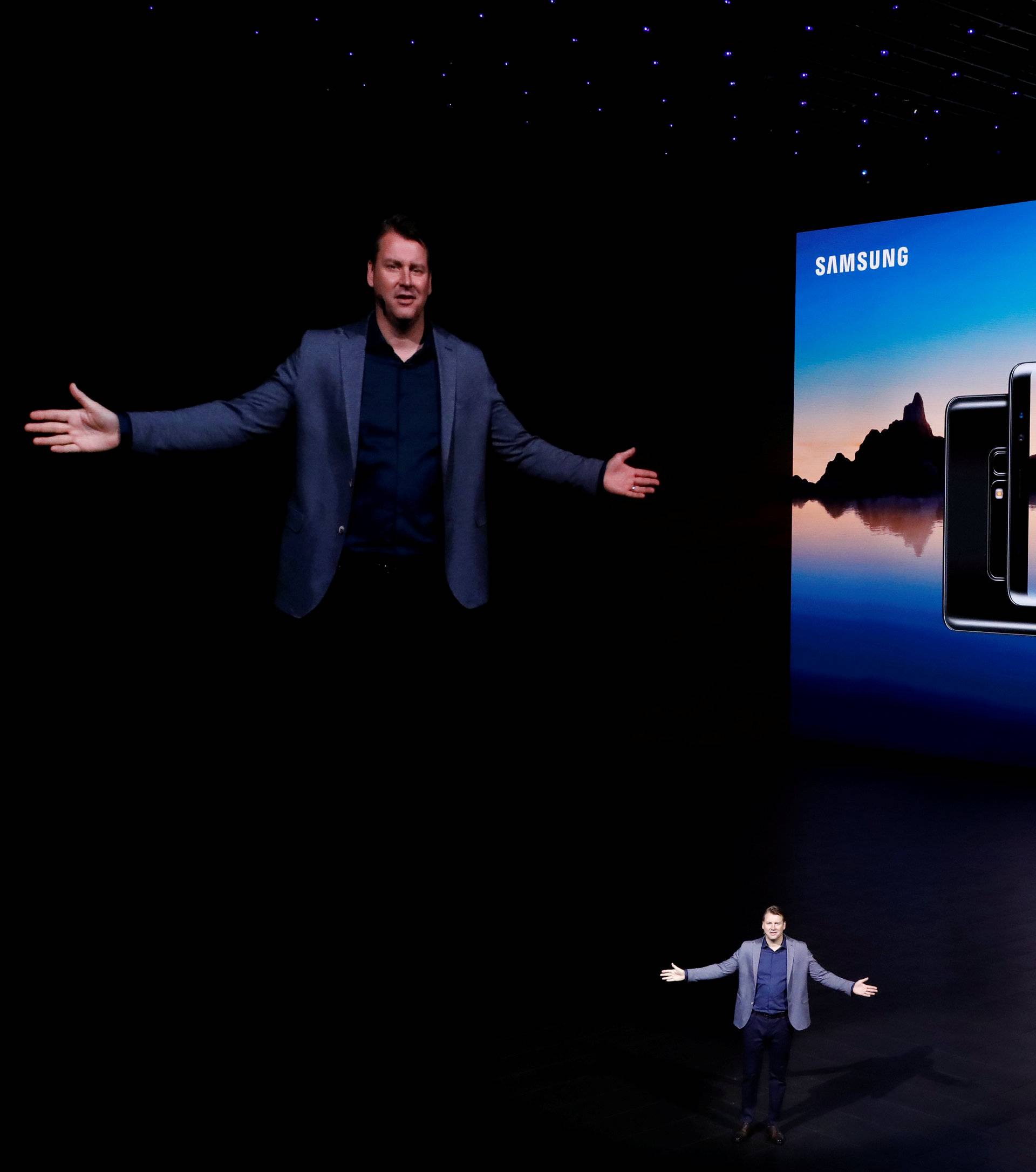 Justin Denison, Senior Vice President of Samsung Electronics' Mobile Communications introduces the Galaxy Note 8 smartphone during a launch event in New York City