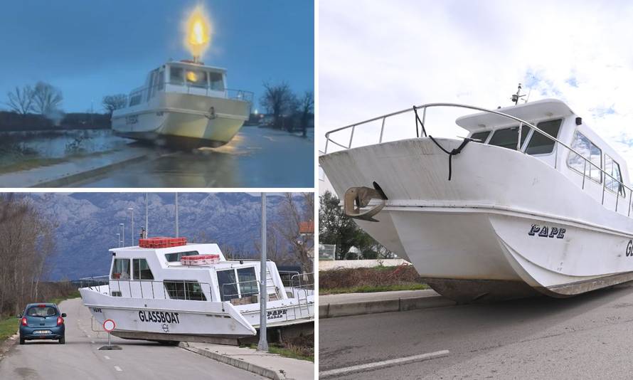 VIDEO Brod u Ninu koji je bujica nanijela na cestu još stoji tamo: 'Čekamo. Nemamo kud s njim...'