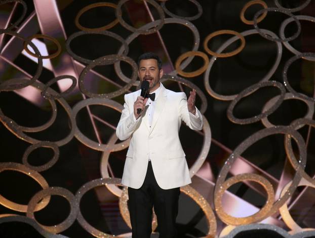 Host Jimmy Kimmel closes the show at the 68th Primetime Emmy Awards in Los Angeles