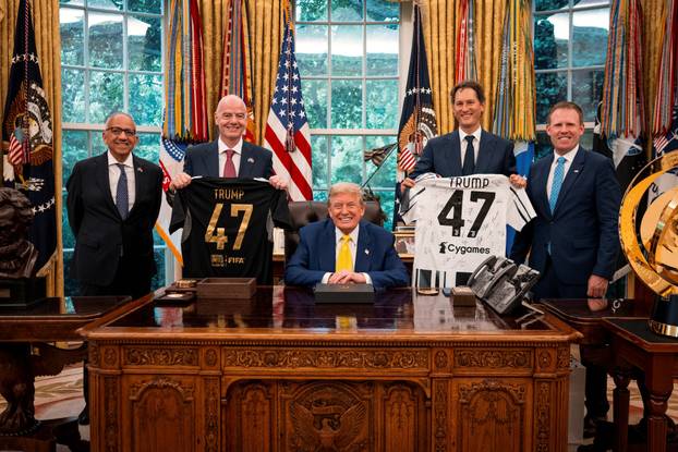 U.S. President Donald Trump makes remarks as he meets with members of the Juventus Football Club team, in Washington