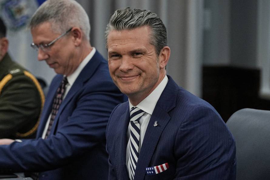 U.S. Defense Secretary Pete Hegseth welcomes El Salvador Defense Minister Rene Merino Monroy at the Pentagon in Washington