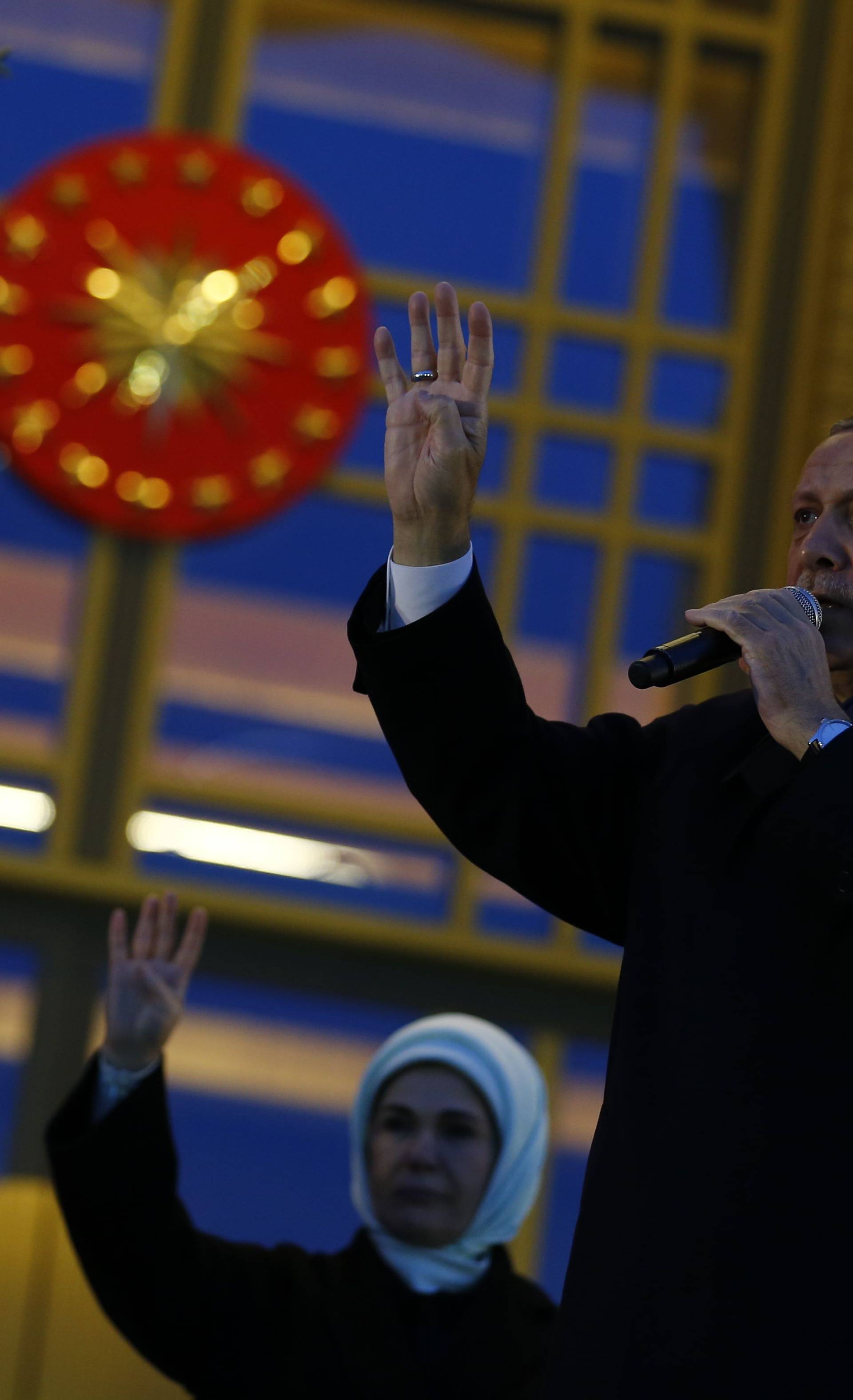 Turkish President Erdogan addresses his supporters at the Presidential Palace in Ankara