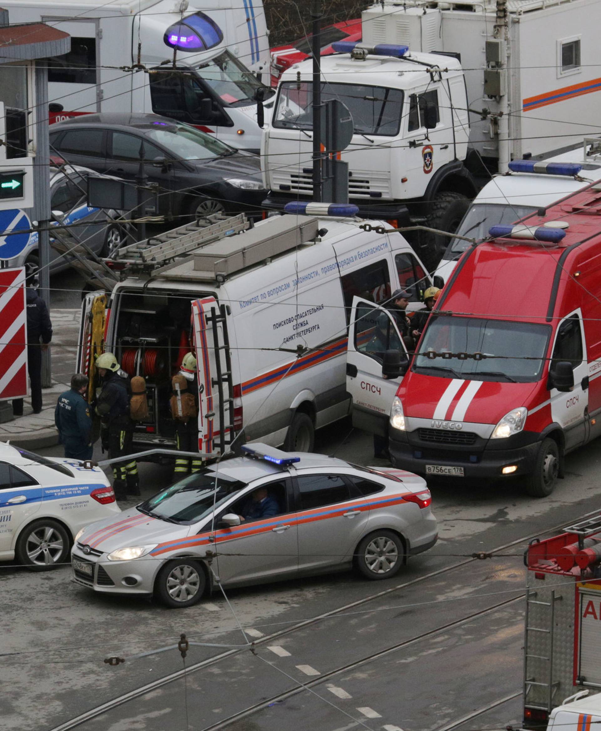 General view of emergency services attending the scene outside Sennaya Ploshchad metro station, following explosions in two train carriages in St. Petersburg