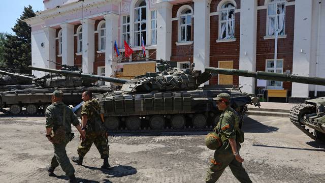 An exhibition of Ukrainian army hardware and weapons left in the city after its withdrawal from Lysychansk