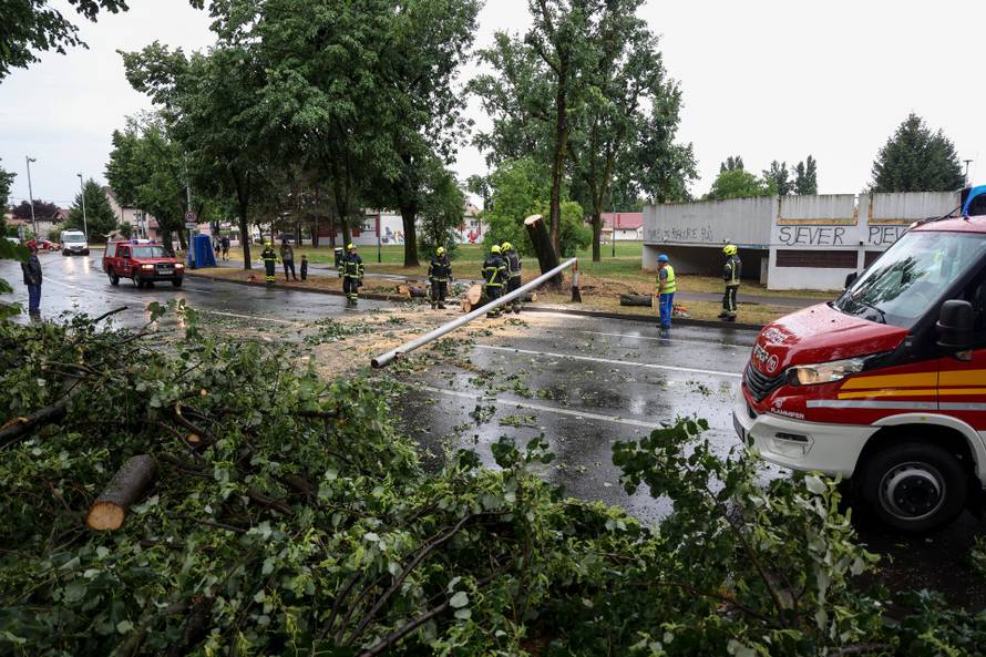 Zagreb: Vatrogasci uklanjaju stablo koje je palo u Ulici Svetog Mateja