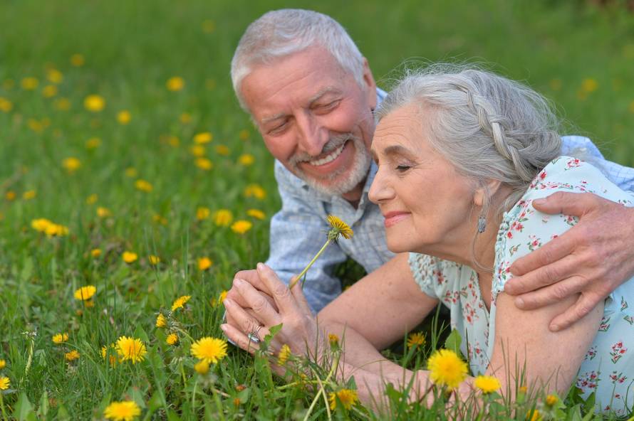 happy senior couple lying on green meadow 