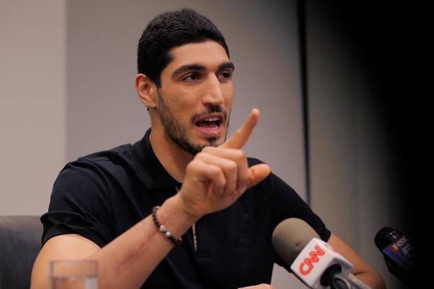 Turkish NBA player Enes Kanter speaks about the revocation of his Turkish passport and return to the United States at National Basketball Players Association headquarters in New York
