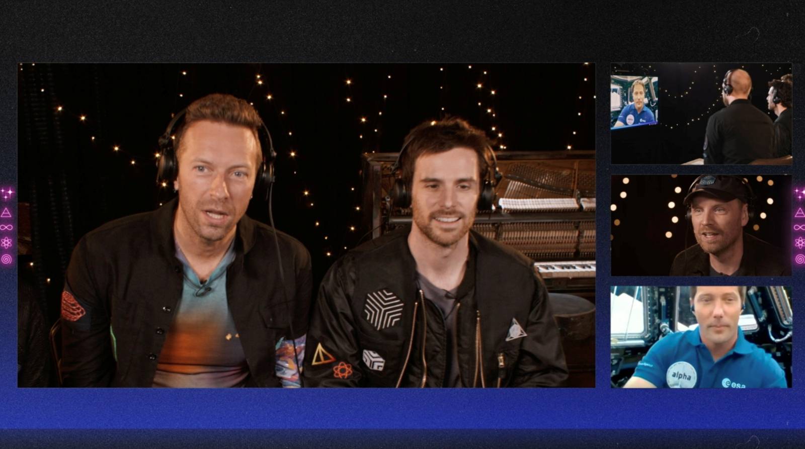 Members of Coldplay and French ESA astronaut Thomas Pesquet are seen during an interview