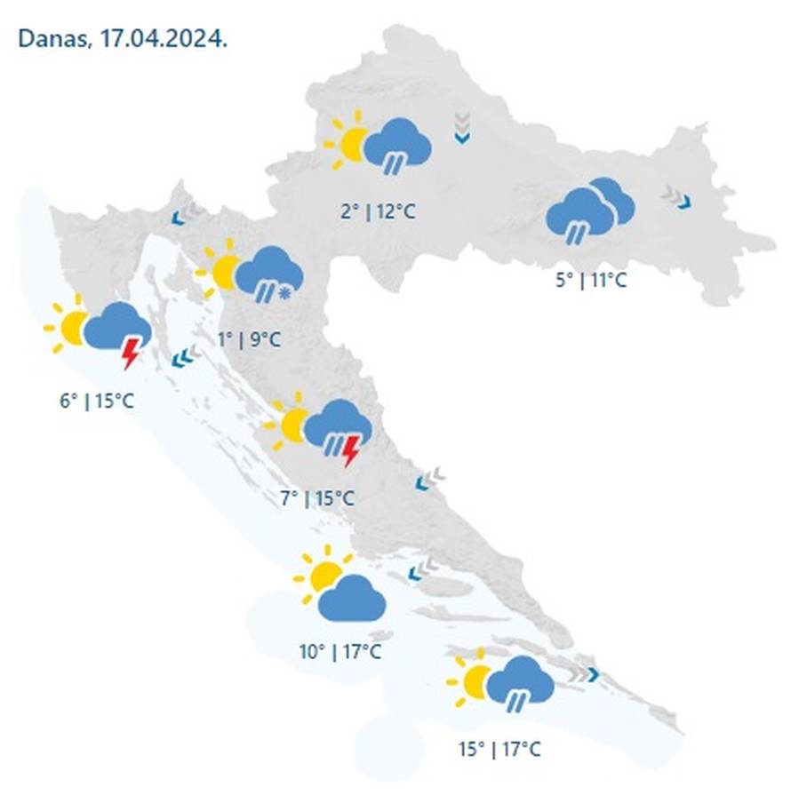 Danas i dalje hladno, pljuskovi, grmljavina i snijeg, Velebitski kanal zbog bure u 'crvenom'