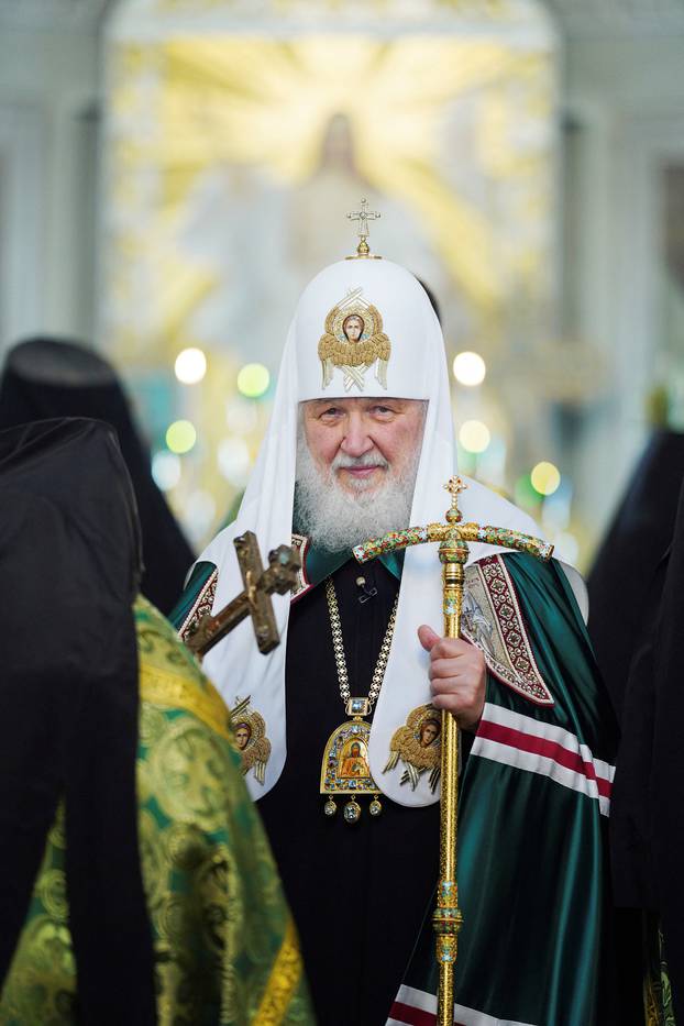 Patriarch Kirill, head of the Russian Orthodox Church, conducts a service in Moscow