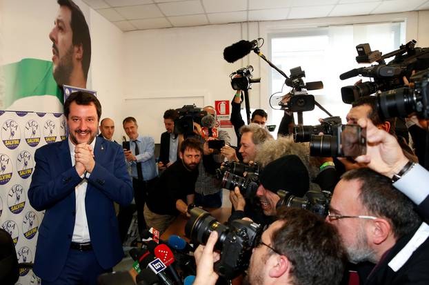 Northern League party leader Matteo Salvini poses at the end of a news conference, the day after Italy