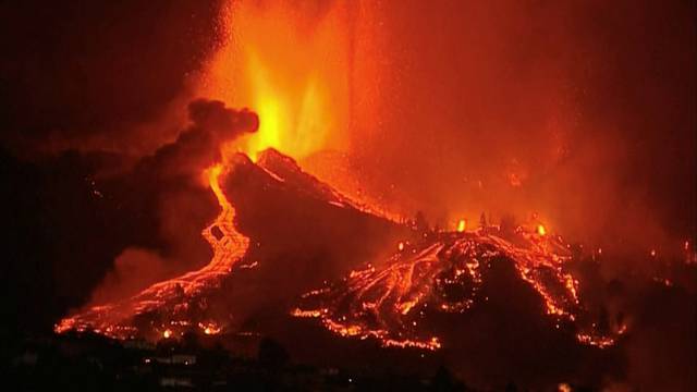 Lava pours out of a volcano on La Palma in Spain's Canary Islands