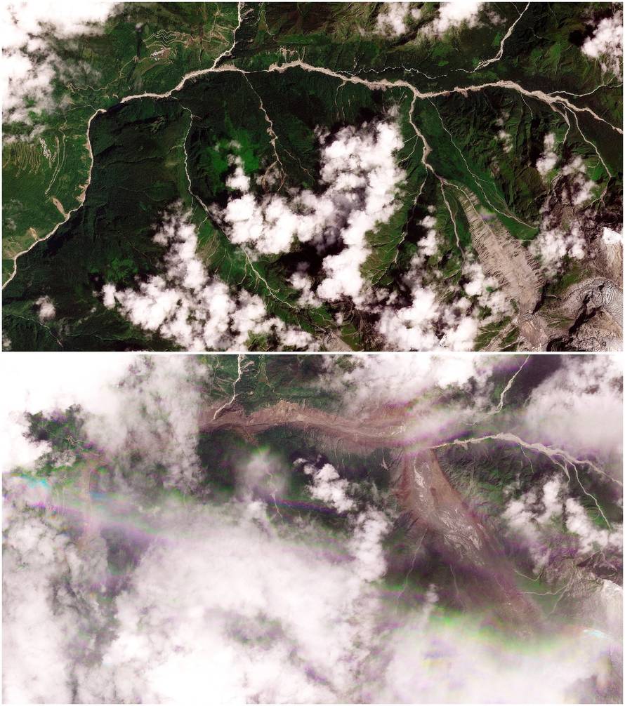 Satellite images show torrent of rock and ice high in Nepalese mountain valley after Nepal-China disaster