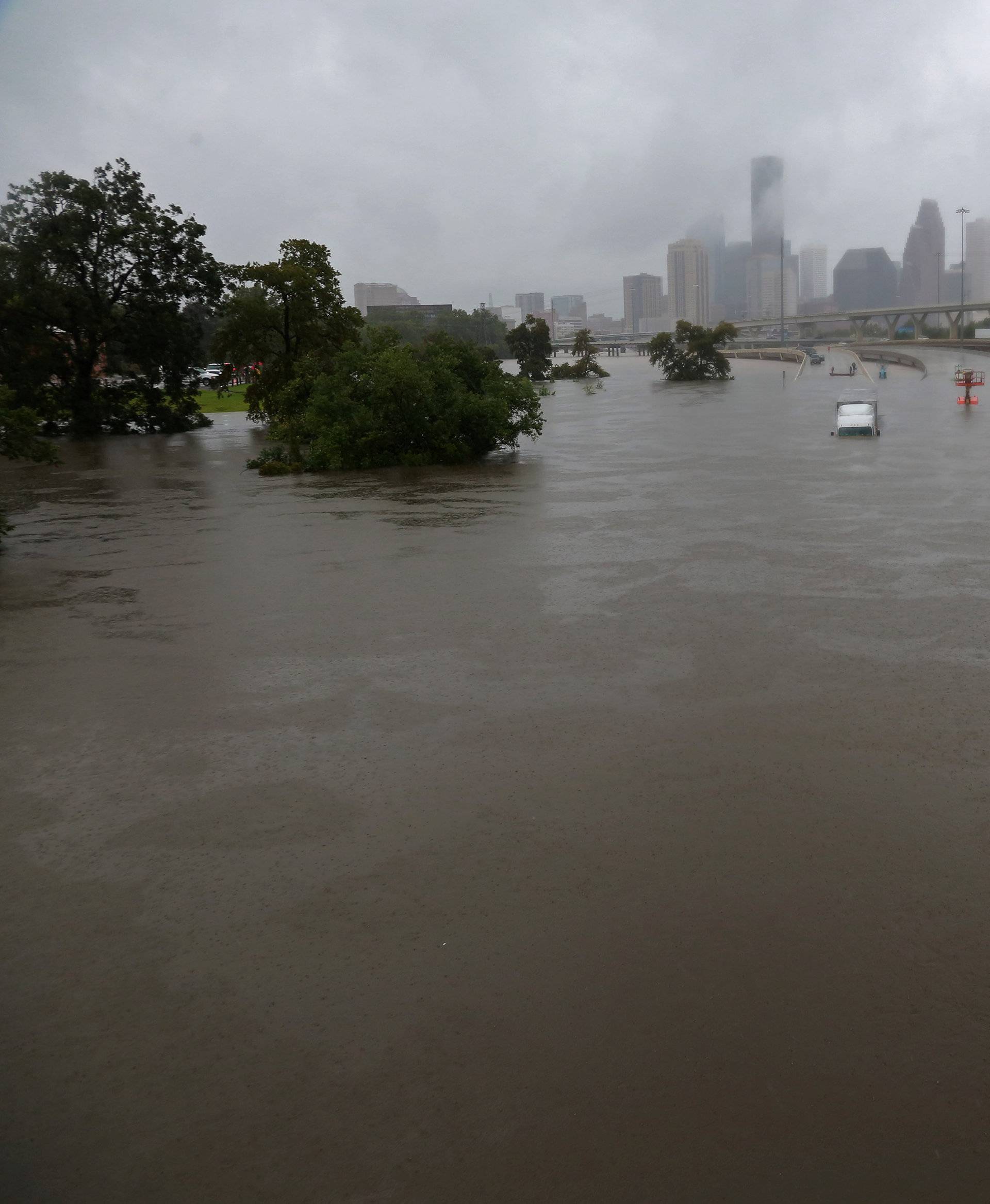 Submerged freeways from the effects of Hurricane Harvey are seen during widespread flooding in Houston