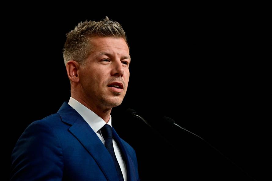 Peter Magyar holds a press conference a day after the parliamentary election in Budapest