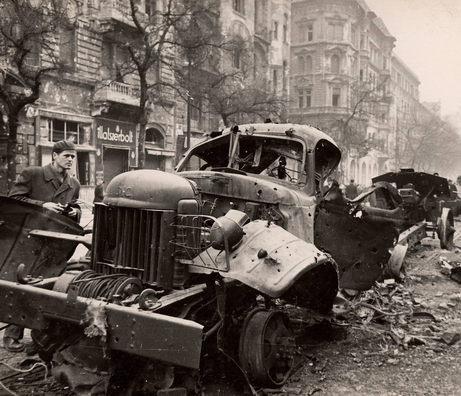 A general view shows the wreckage of armed trucks on the streets of Budapest at the time of the uprising against the Soviet-supported Hungarian communist regime in 1956