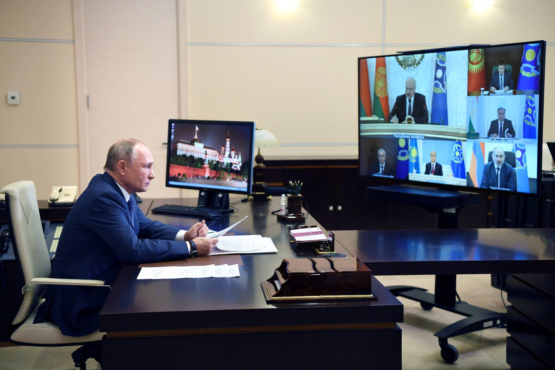 Russian President Putin attends a meeting of the Collective Security Treaty Organization (CSTO), via a video link outside Moscow